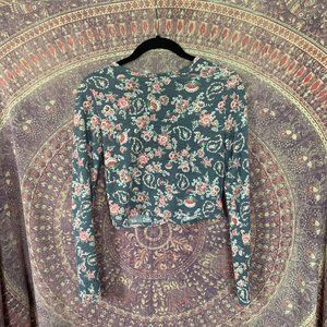 Floral Long Sleeve Crop Top Criss Cross Back Small